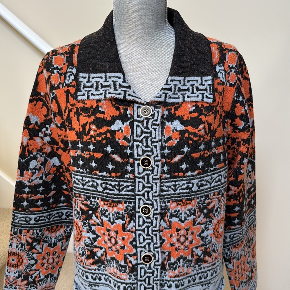 New Badgley Mischka Orange, Black and blue sweater Coat. Size M. - Picture 11 of 16